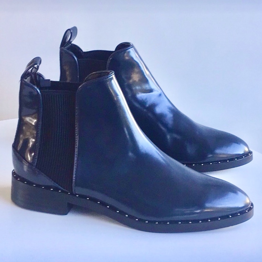 Zara studded Glossy Black navy blue undertone hue Ankle Booties